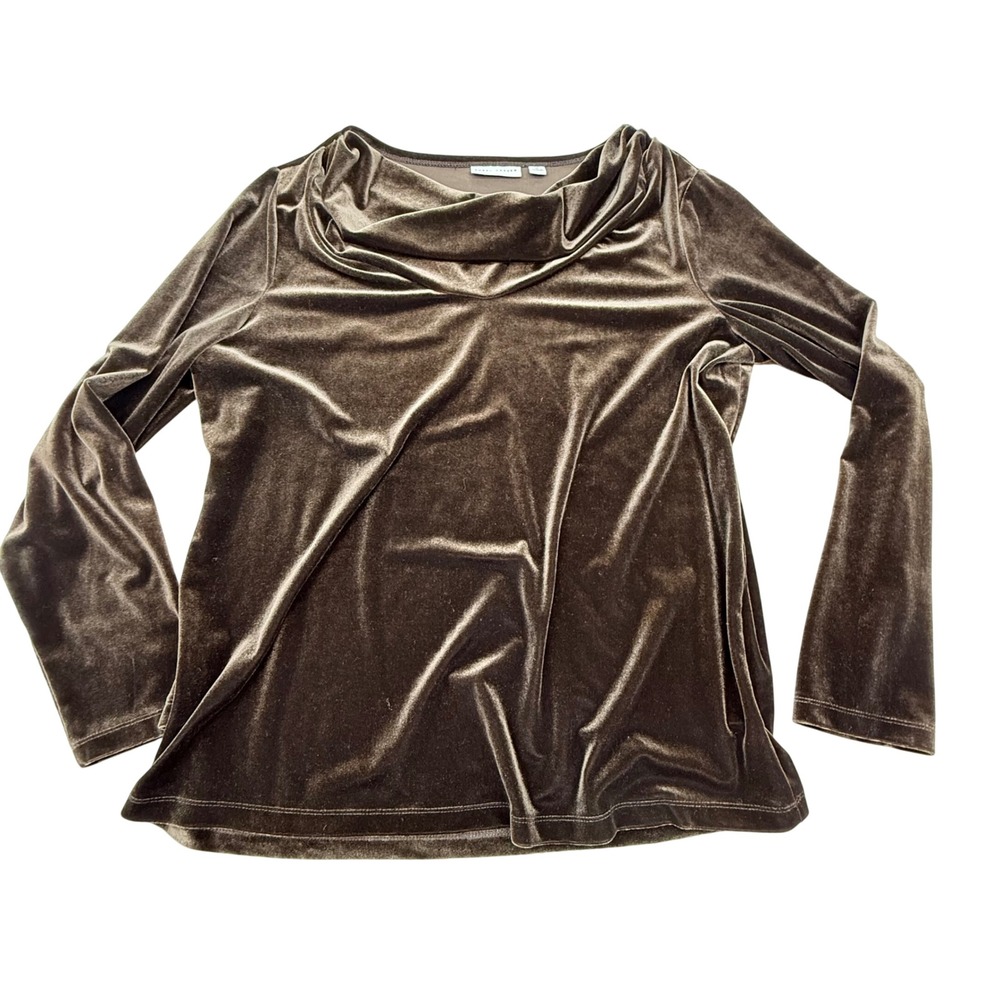 Susan Graver Brown Velvet Cowl Neck Top Long Sleeve Stretch Size M